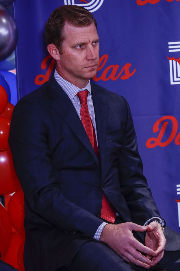 Southern Methodist University's head football coach, Rhett Lashlee sits at a news conference for the first time at Miller Boulevard Ballroom in Dallas on Tuesday, Nov. 30, 2021. Lashlee was Southern Methodist University's former offensive coordinator football coach in 2018 and 2019 before going to the University of Miami for two seasons. (Rebecca Slezak/The Dallas Morning News)