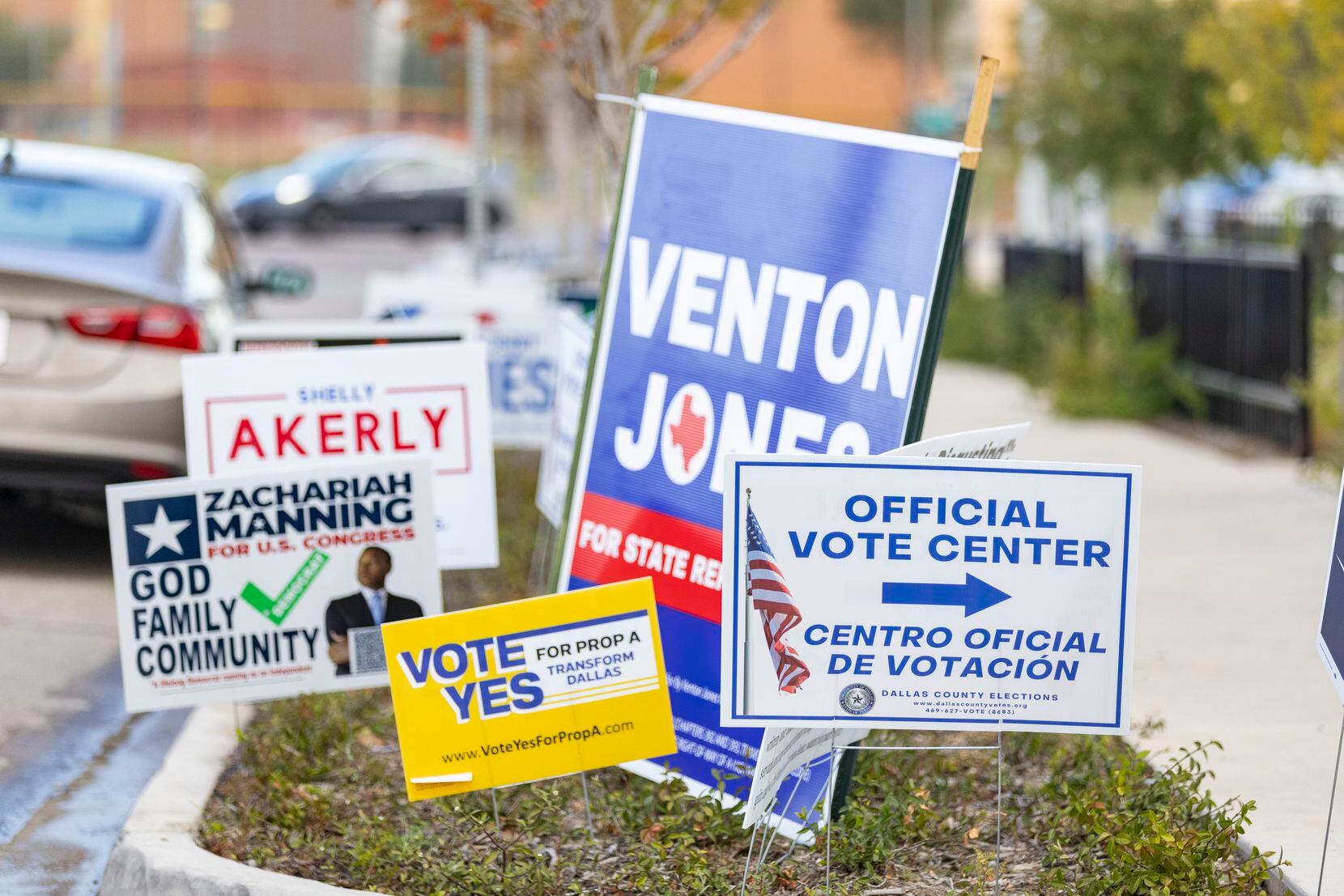 Political signs cluttered the median outside of the Oak Cliff Government Center in Dallas on...