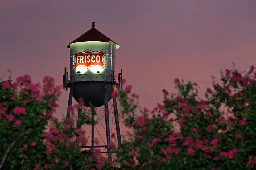 A look at the Frisco water tower at sunset in downtown Frisco.