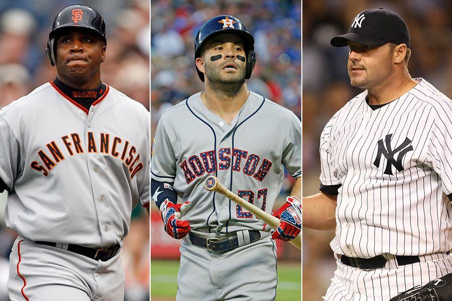 Pictured from left to right: Barry Bonds, Jose Altuve and Roger Clemens. (Photo credit left...