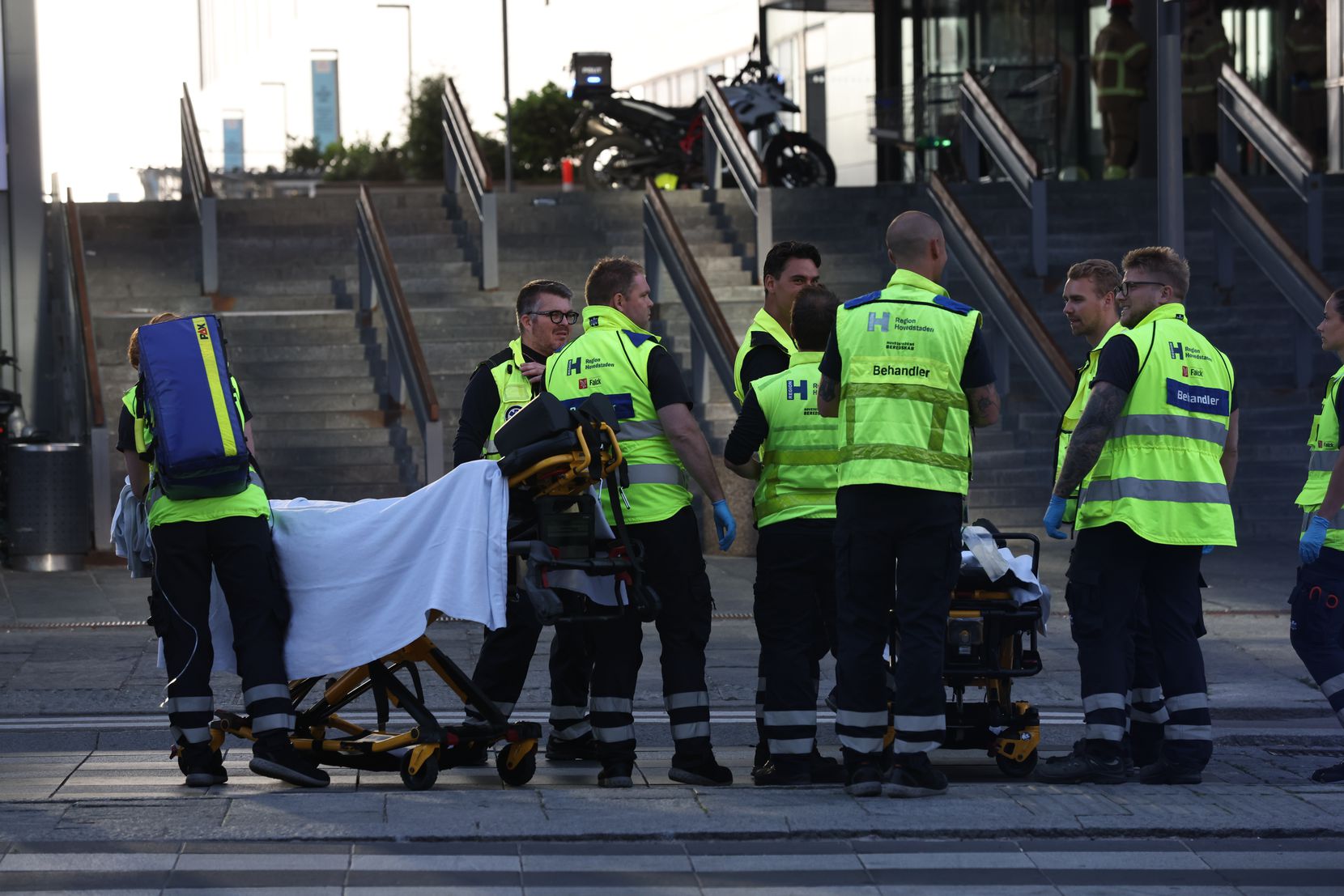 Emergency services at the Field's shopping center after a shooting, in Copenhagen, Denmark,...