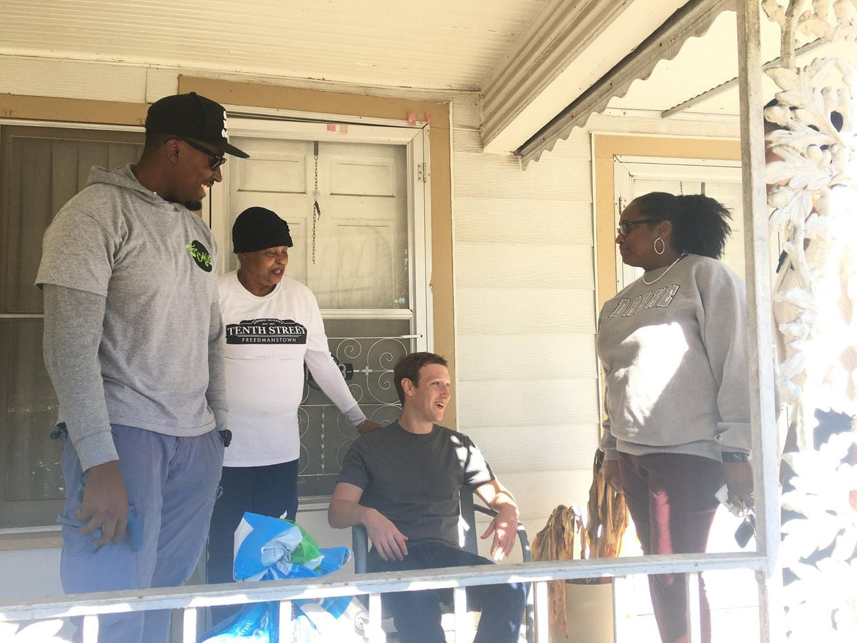 Mark Zuckerberg sits on Taylor Toynes's grandmother's porch in Oak Cliff. 