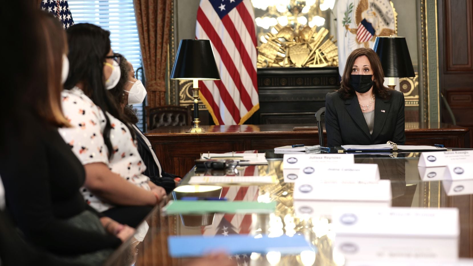 Vice President Kamala Harris speaks during a roundtable discussion on reproductive rights...
