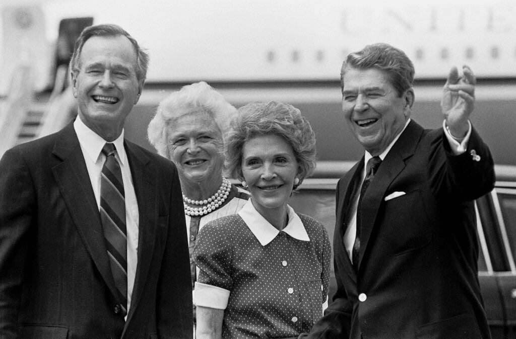 From left: Vice President George H.W. Bush, his wife Barbara, first lady Nancy Reagan and President Ronald Reagan in New Orleans for the 1988 Republican National Convention. Bush, the 41st president of the United States and the father of the 43rd, who steered the nation through a tumultuous period in world affairs but was denied a second term after support for his presidency collapsed under the weight of an economic downturn and his seeming inattention to domestic affairs, died on Nov. 30, 2018. He was 94. (Paul Hosefros/The New York Times)