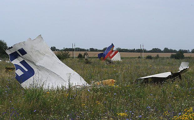 Pieces of wreckage of the Malaysia Airlines flight MH17 litter a field Friday in Shaktarsk,...