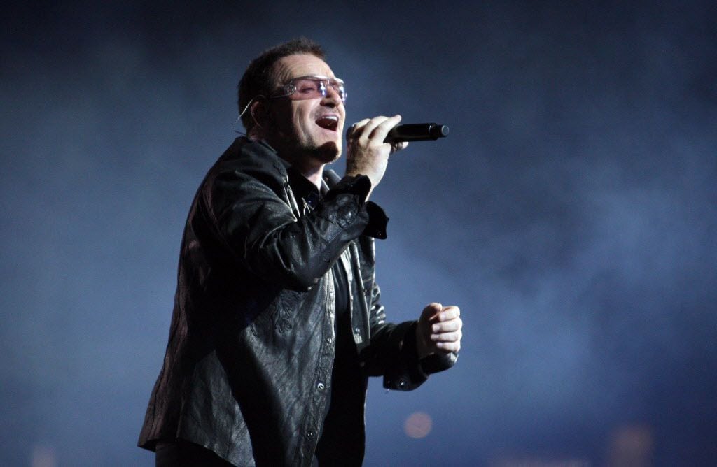U2's Bono sings at Cowboys Stadium in Arlington on Monday, October 12, 2009.
