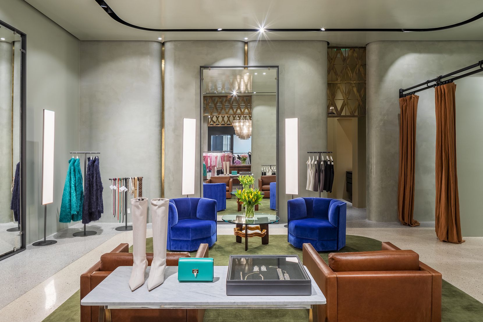 The dressing room area in Australian women's luxury boutique Scanlan Theodore at NorthPark...