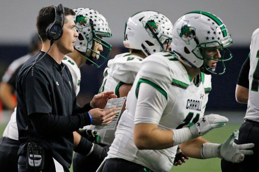 Southlake Carroll head coach Riley Dodge is pictured during the Southlake Carroll Dragons...
