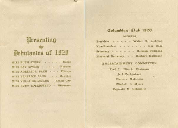 Pages from a 1920 debutante ball program.  Images provided courtesy of the Dallas Jewish Historical Society.