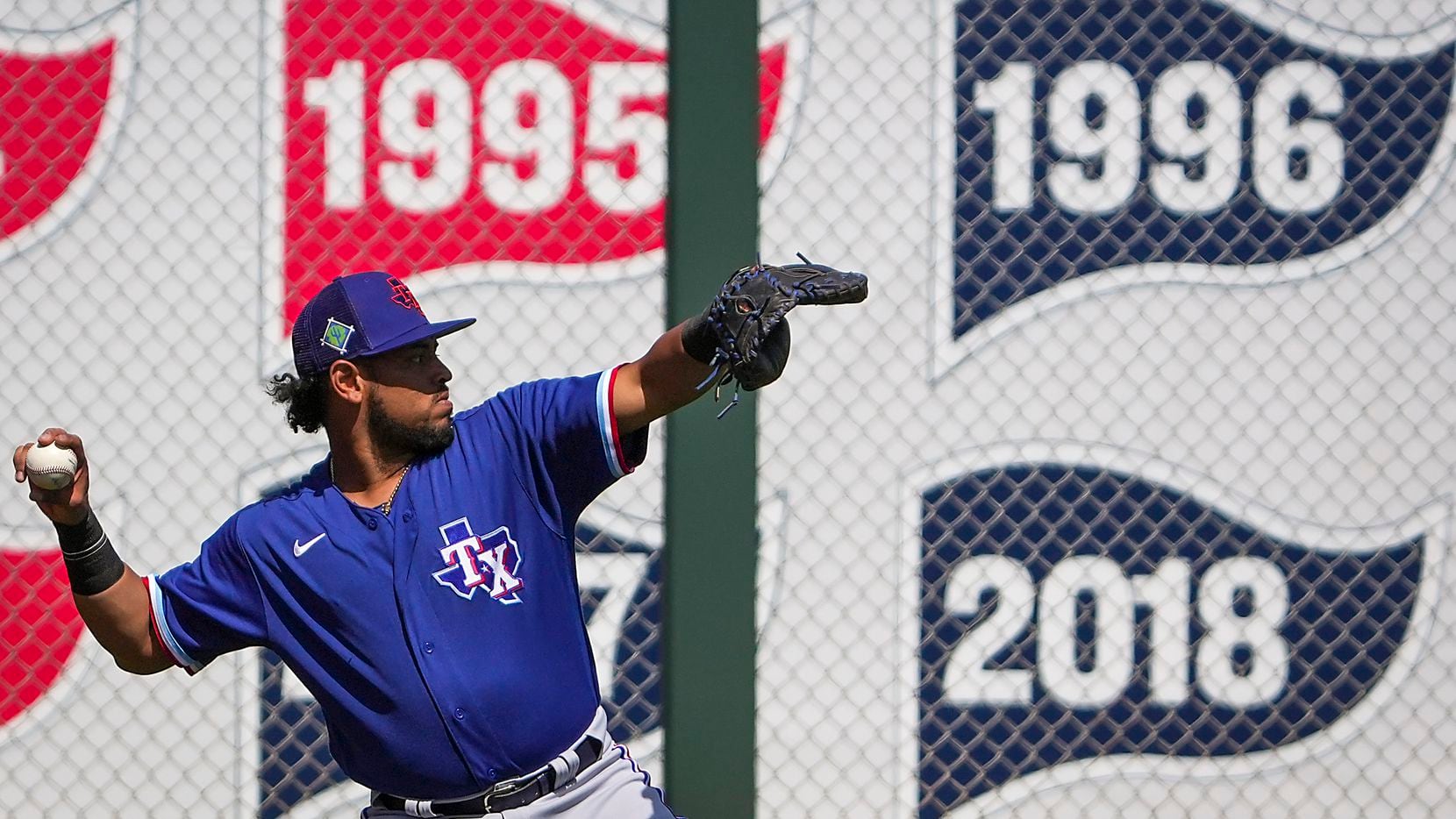 Texas Rangers catcher Meibrys Viloria warms up before a spring training game against the...