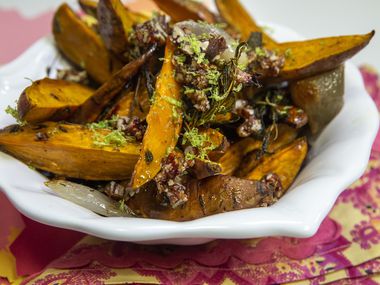 Roasted Sweet Potatoes and Shallots is topped with lime zest and Spicy Pecans — made with hot sauce.