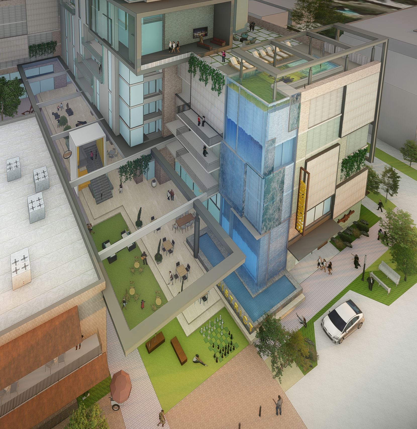 A public plaza with retail space and a water feature would face Throckmorton Street.
