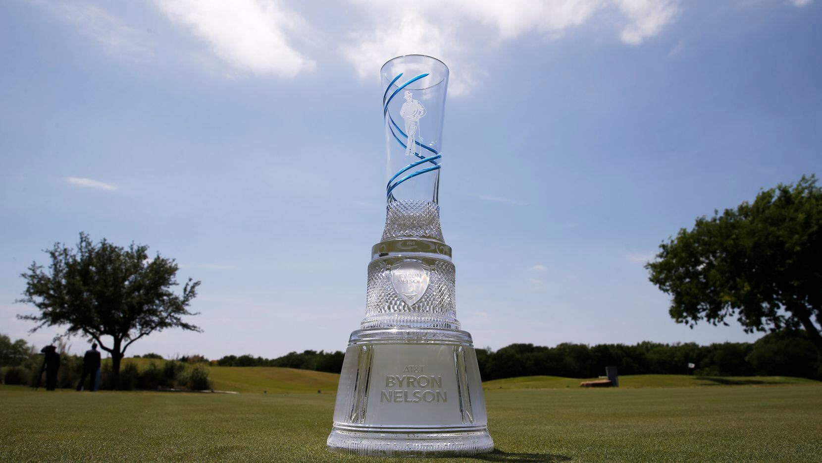 2020 AT&T Byron Nelson tournament trophy sits on the golf course at TPC Craig Ranch in...