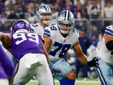Dallas Cowboys offensive tackle Terence Steele (78) drops back to block during the first half an NFL football game against the Minnesota Vikings at U.S. Bank Stadium on Sunday, Oct. 31, 2021, in Minneapolis, Minnesota.