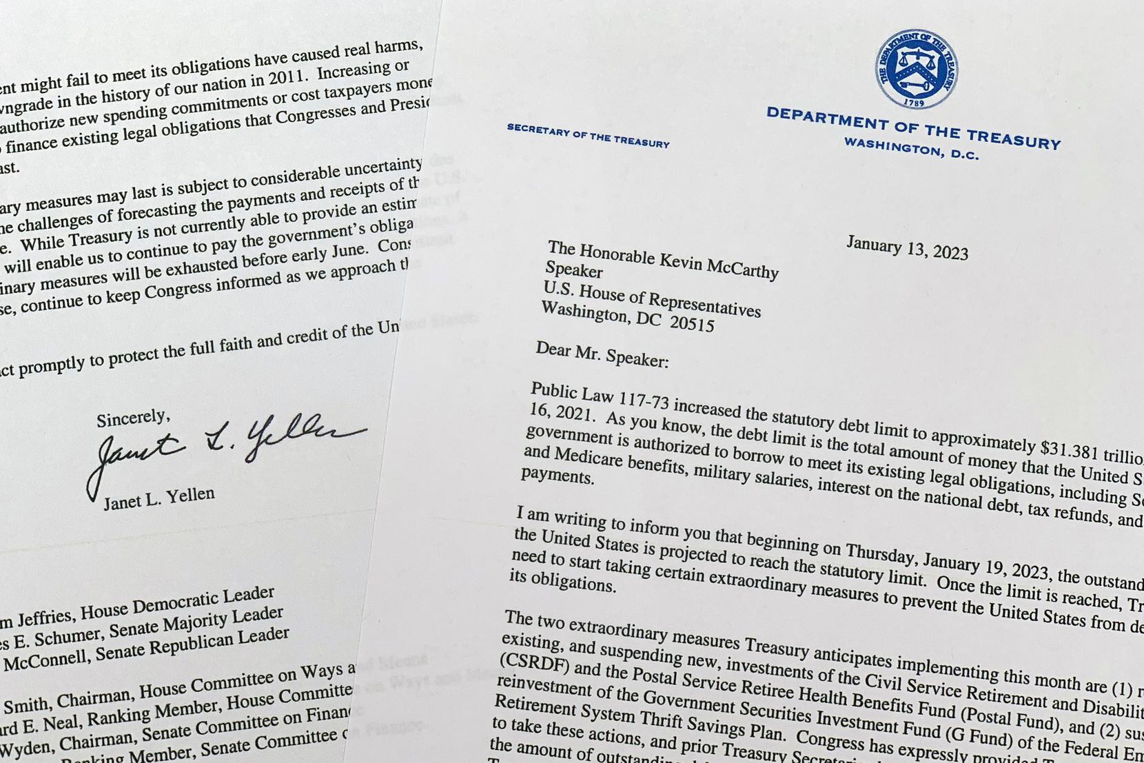 The letter from Treasury Secretary Janet Yellen to House Speaker Kevin McCarthy of Calif.,...