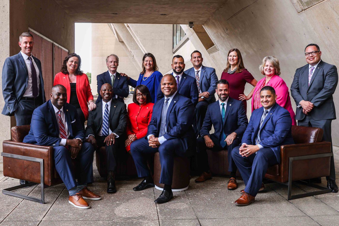 Recently elected Dallas City Council members pose together with Mayor Eric Johnson at the City Hall in Dallas on Monday, June 14, 2021, after their Inauguration ceremony. (Lola Gomez/The Dallas Morning News)