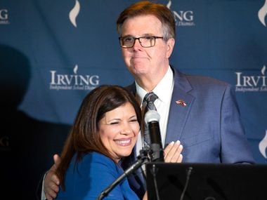 Lt. Gov. Dan Patrick congratulates Irving ISD superintendent Magda Hernandez on her...