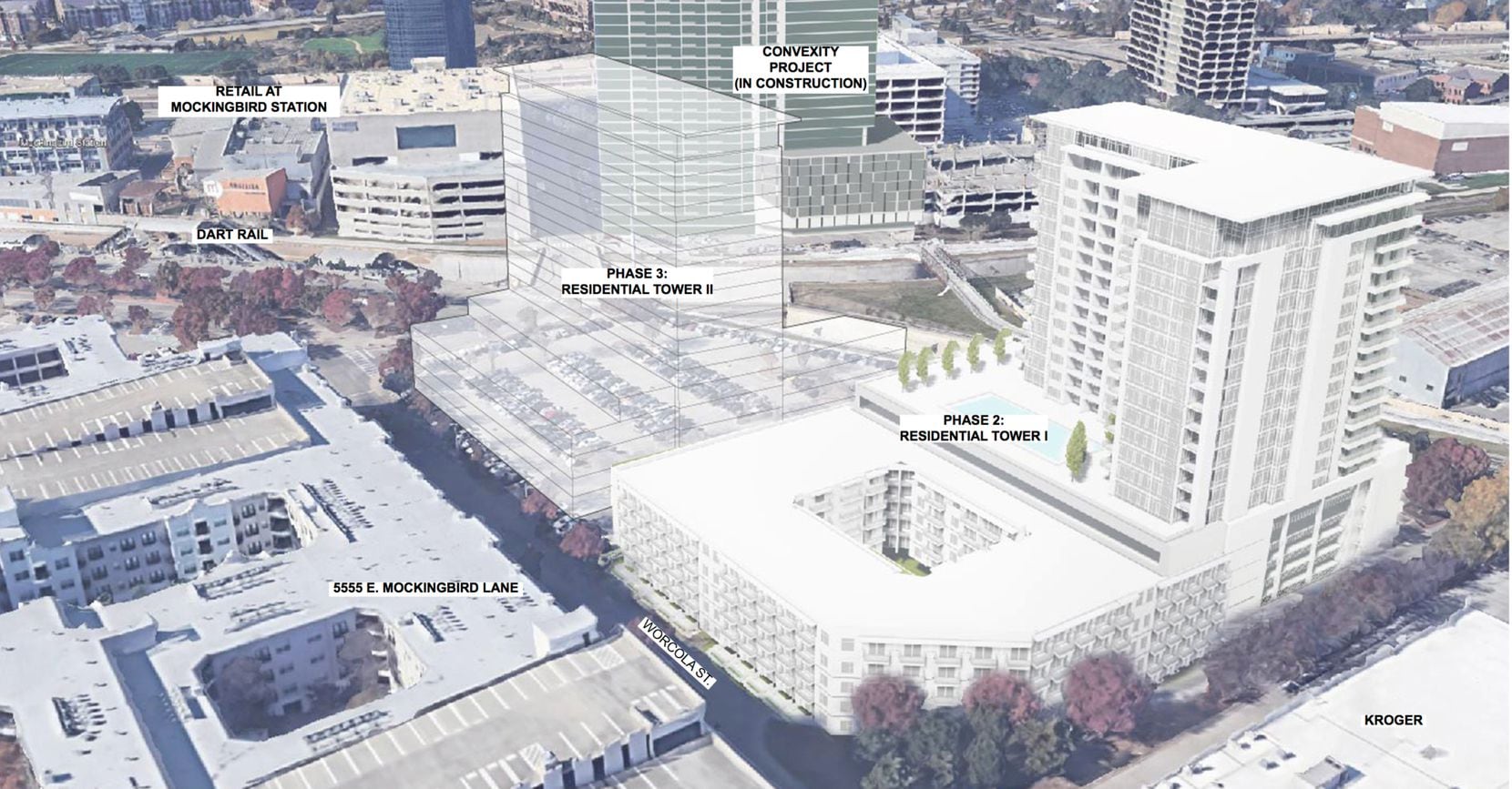 The first apartment tower would be on the east end of the property next to the Kroger...