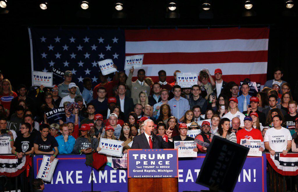 US Republican vice presidential candidate Mike Pence addresses the final rally of the GOP...