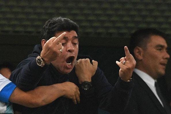 Diego Maradona durante el partido entre Argentina y Nigeria en Rusia 2018. (OLGA MALTSEVA /...