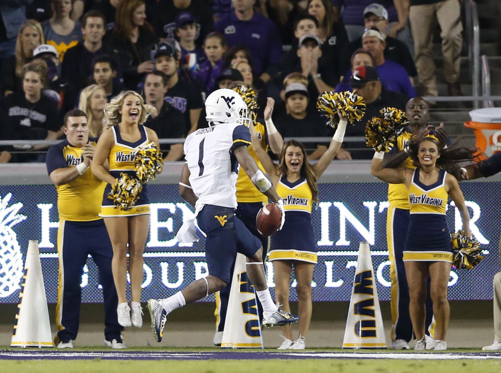 West Virginia Mountaineers wide receiver Shelton Gibson (1) celebrates a touchdown in a game...