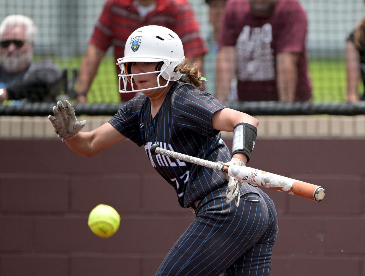 Emily Alvarez (23) watches her bunt during game 3 of a Class 5A Region II semifinal softball...
