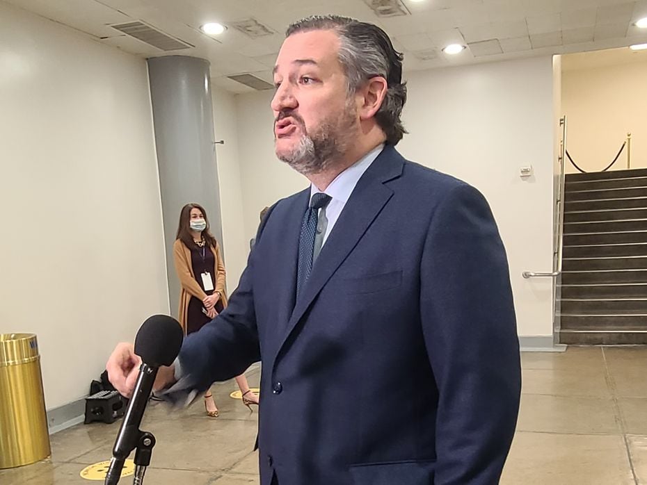 Sen. Ted Cruz speaks with reporters on Feb. 13, 2021, during a break on Day 5 of Donald Trump's second impeachment trial.
