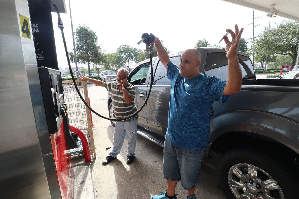 Rami Khdeir reacts to the gas pumps running out of gas at Krogers in Beaumont Texas,  August...