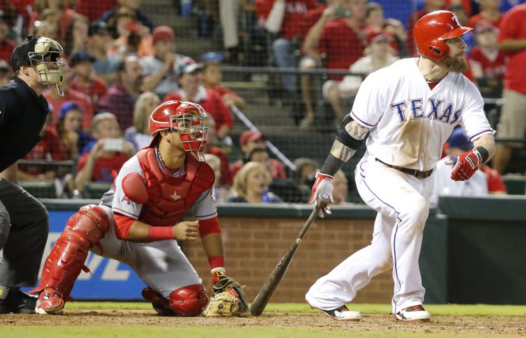 Texas Rangers left fielder Josh Hamilton (32) is pictured during the Los Angeles Angels vs. the Texas Rangers major league baseball game at Globe Life Park in Arlington on Thursday, October 1, 2015. (Louis DeLuca/The Dallas Morning News)