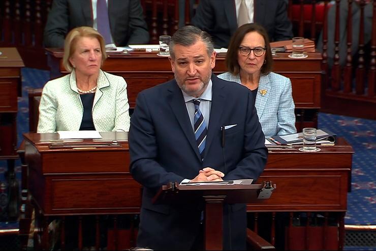 In an image from Senate Television, U.S. Sen. Ted Cruz, R-Texas, speaks during the...