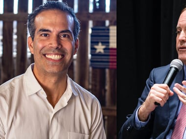 Texas Land Commissioner George P. Bush, left, is mulling a challenge against Attorney General Ken Paxton, right. Both are Republicans. Bush pictured at Velentina's Tex Mex on November 25, 2019 in Austin, Texas (credit: Thao Nguyen/Special Contributor). Paxton pictured at an event at The Dallas Morning News on on Wednesday, February 26, 2020 (credit: Ashley Landis/The Dallas Morning News).