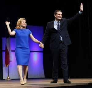  Heidi Nelson Cruz greets her husband,Â  U.S. Sen. Ted Cruz, following his speech at the...