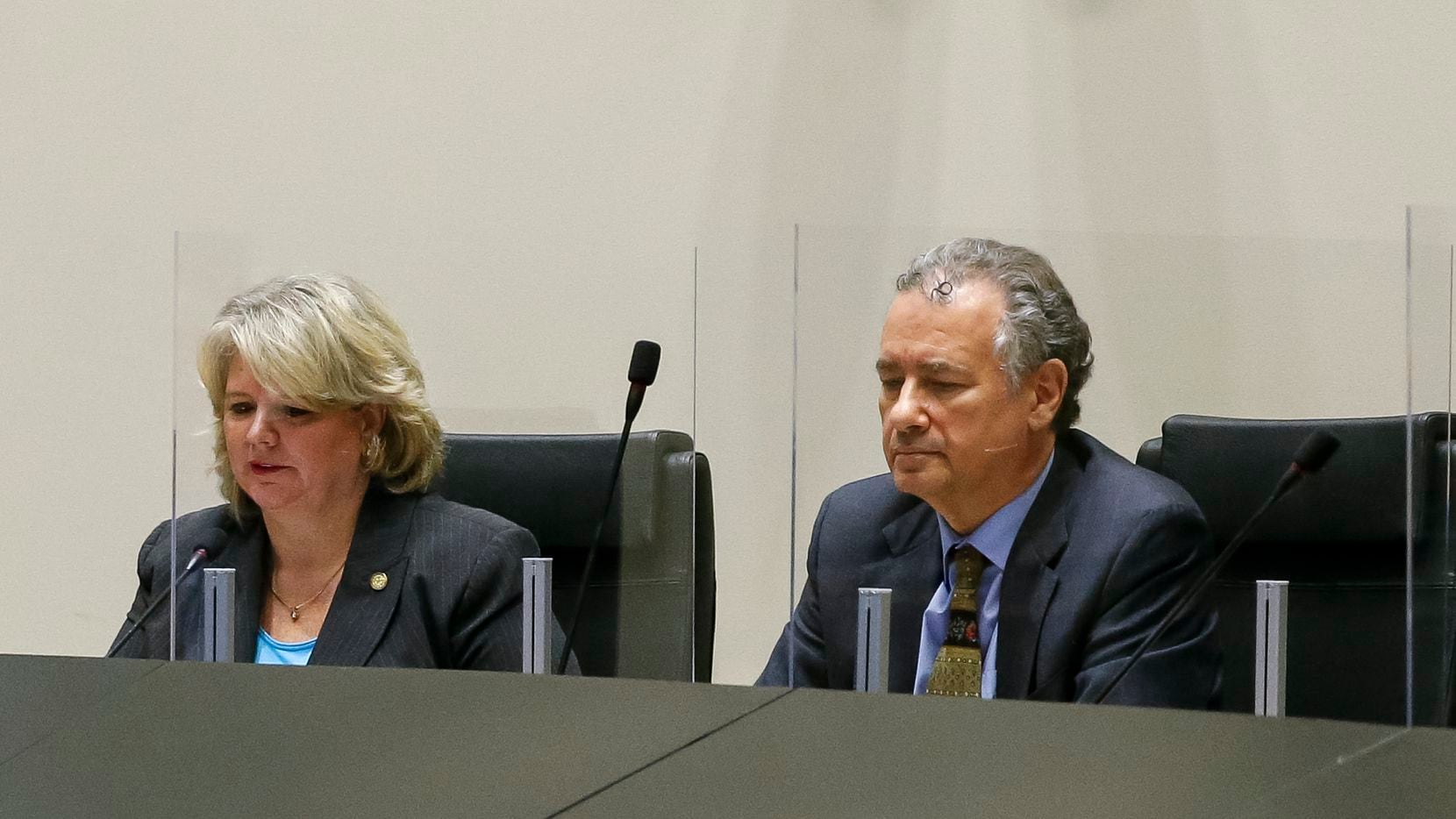 Dallas City Council member Cara Mendelsohn (left) and City Attorney Chris Caso listen to remarks during a council committee meeting at City Hall on Friday, Sept. 10, 2021, in Dallas.