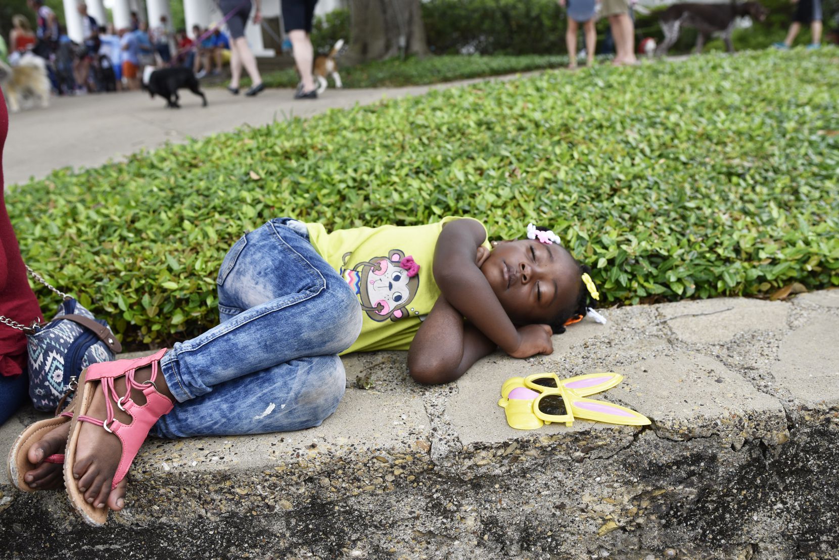 A'Niyah Thompson, 3, takes a nap after the pooch parade during the Easter in Lee Park event,...