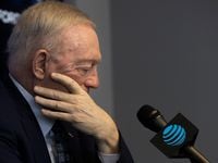 Dallas Cowboys Owner Jerry Jones listens to media questions during a pre-draft news conference at The Star in Frisco, Texas, on Tuesday, April 27, 2021.