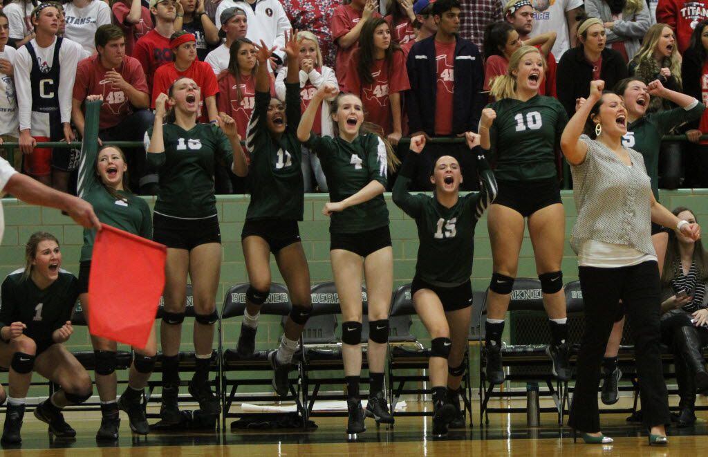 Prosper head coach Erin McClanahan leads the celebration from the team sidelines following...