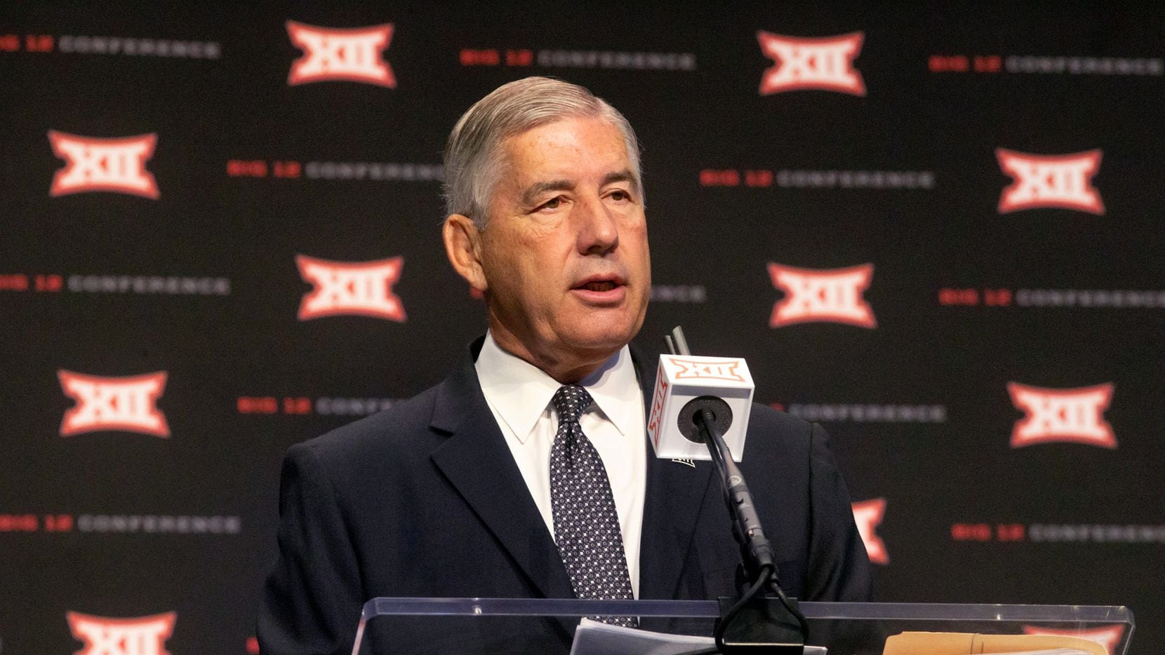 FILE - Big 12 commissioner Bob Bowlsby speaks during Big 12 media days at AT&T Stadium in...