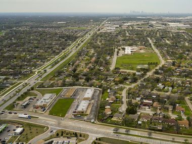 Aerial view from Military Parkway looking west toward the downtown Dallas skyline on Thursday,...