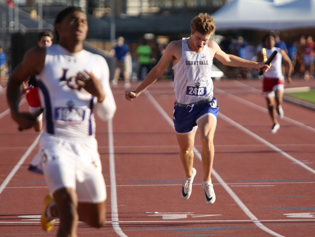 Sunnyvale's Joey Bruszer finishes in third during his 4A boys 4x200 relay event at the UIL state track meet at the Mike A. Myers Stadium, at the University of Texas on May 6, 2021 in Austin, Texas.