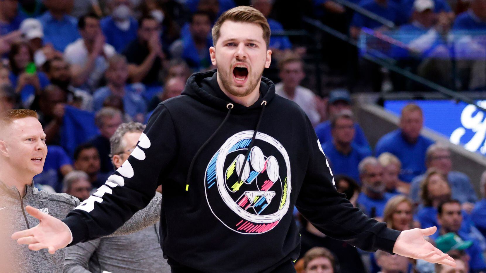 Dallas Mavericks guard Luka Doncic reacts to a call during the first half in Game 1 of an...