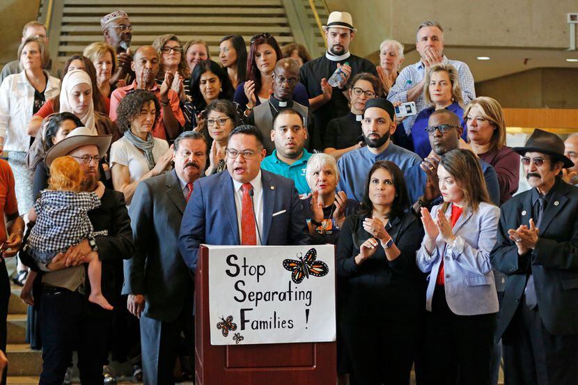 Dallas City Councilman Omar Narváez spoke during a press conference at Dallas City Hall held...