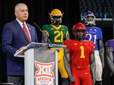 Outgoing Big 12 Conference commissioner Bob Bowlsby speaks during the Big 12 Conference...