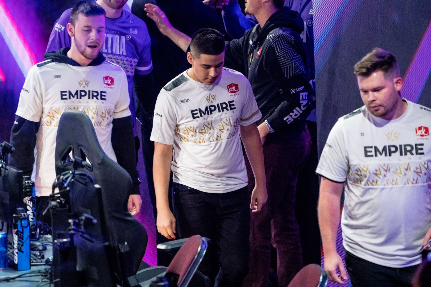 From left, Reece “Vivid” Drost, Anthony “Shotzzy” Cuevas-Castro, and Ian “C6” Porter react to the Dallas Empires elimination from the  Call of Duty league playoffs at the Galen Center on Saturday, August 21, 2021 in Los Angeles, California. The Empire lost to Toronto Ultra 2 - 3, eliminating them from the tournament. (Justin L. Stewart/Special Contributor)