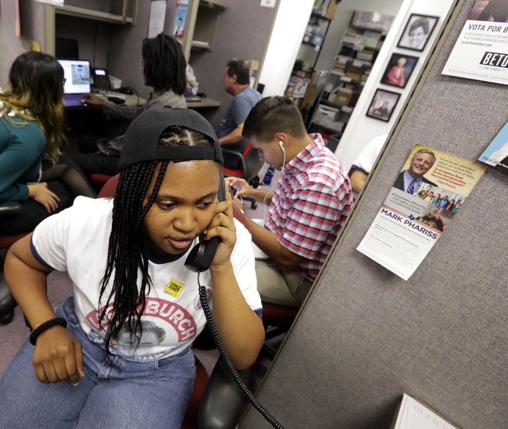 Kundai Nyamandi calls democratic supporters at the Collin County Democratic Party office in...