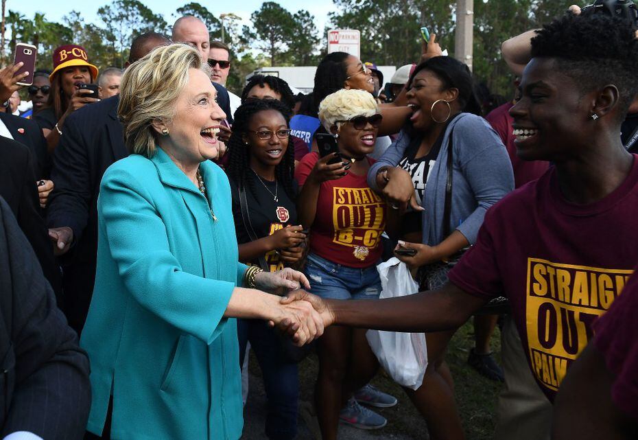 Democratic presidential nominee Hillary Clinton greeted fans at a tailgate party for the...