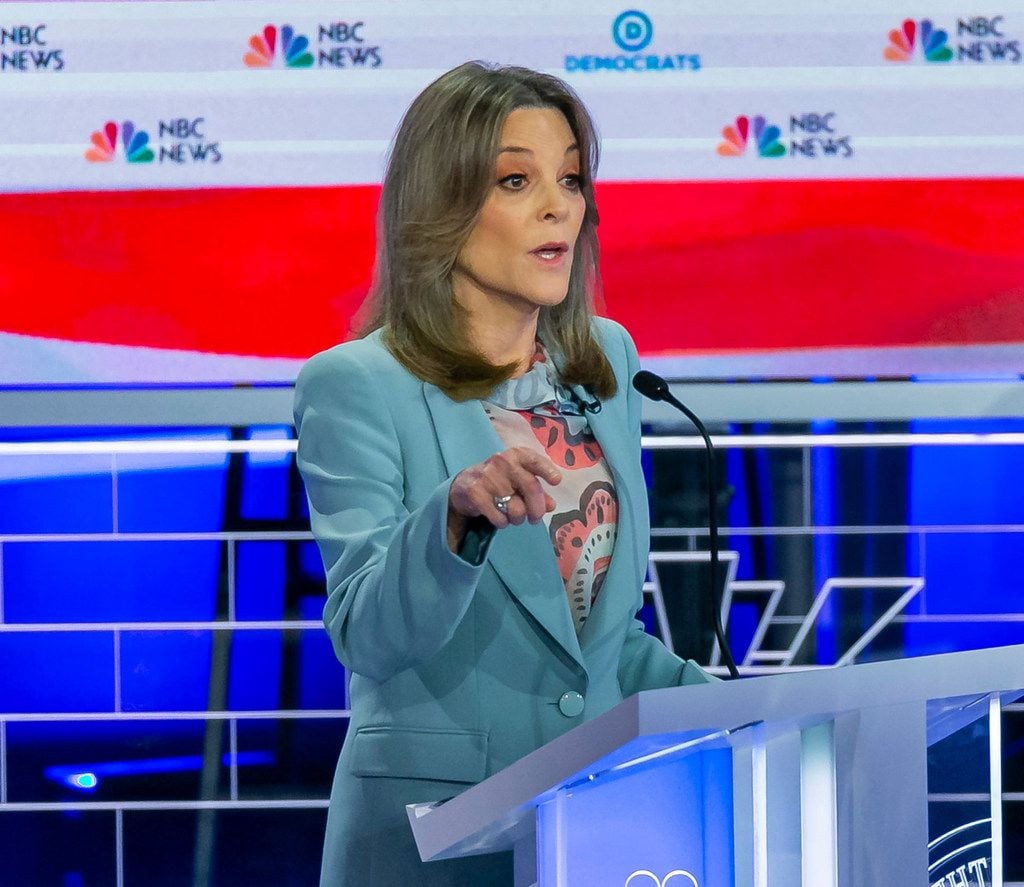 Democratic presidential candidate Marianne Williamson speaks during the second night of the...