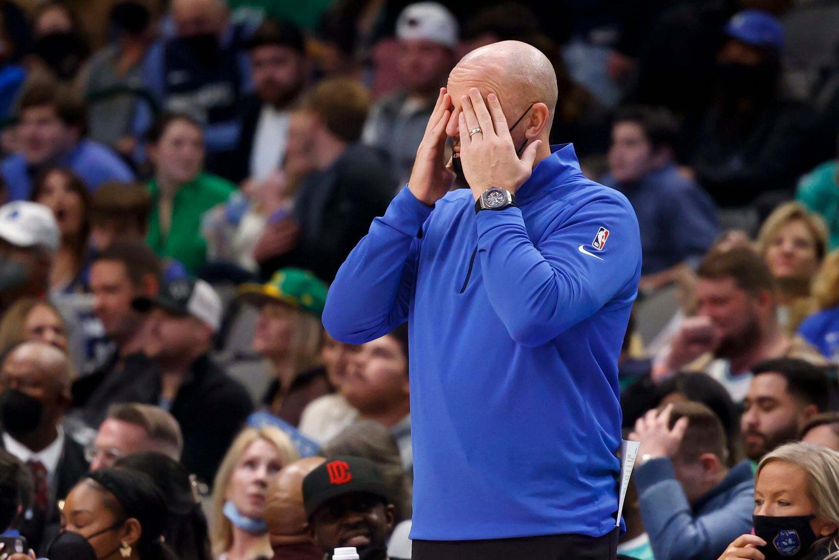 Dallas Mavericks head coach Jason Kidd reacts after a foul during the third quarter against...