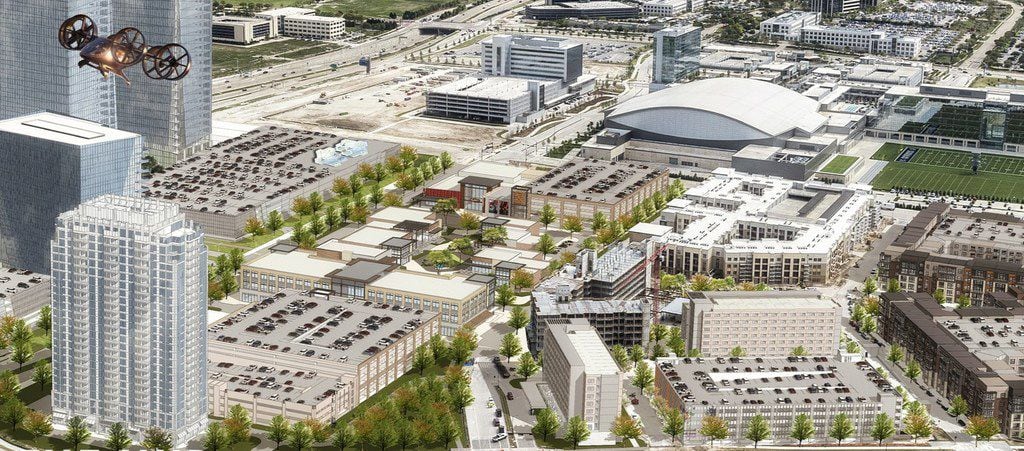 An architect's rendering of Frisco Station shows the Hub district in the center and office...
