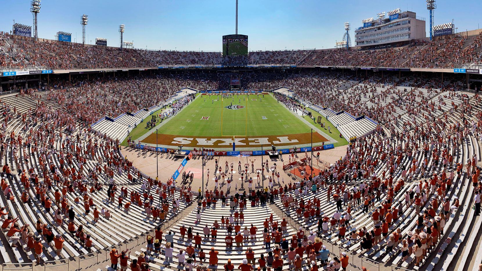 A panoramic view of the Red River Showdown football game between the Texas Longhorns and...