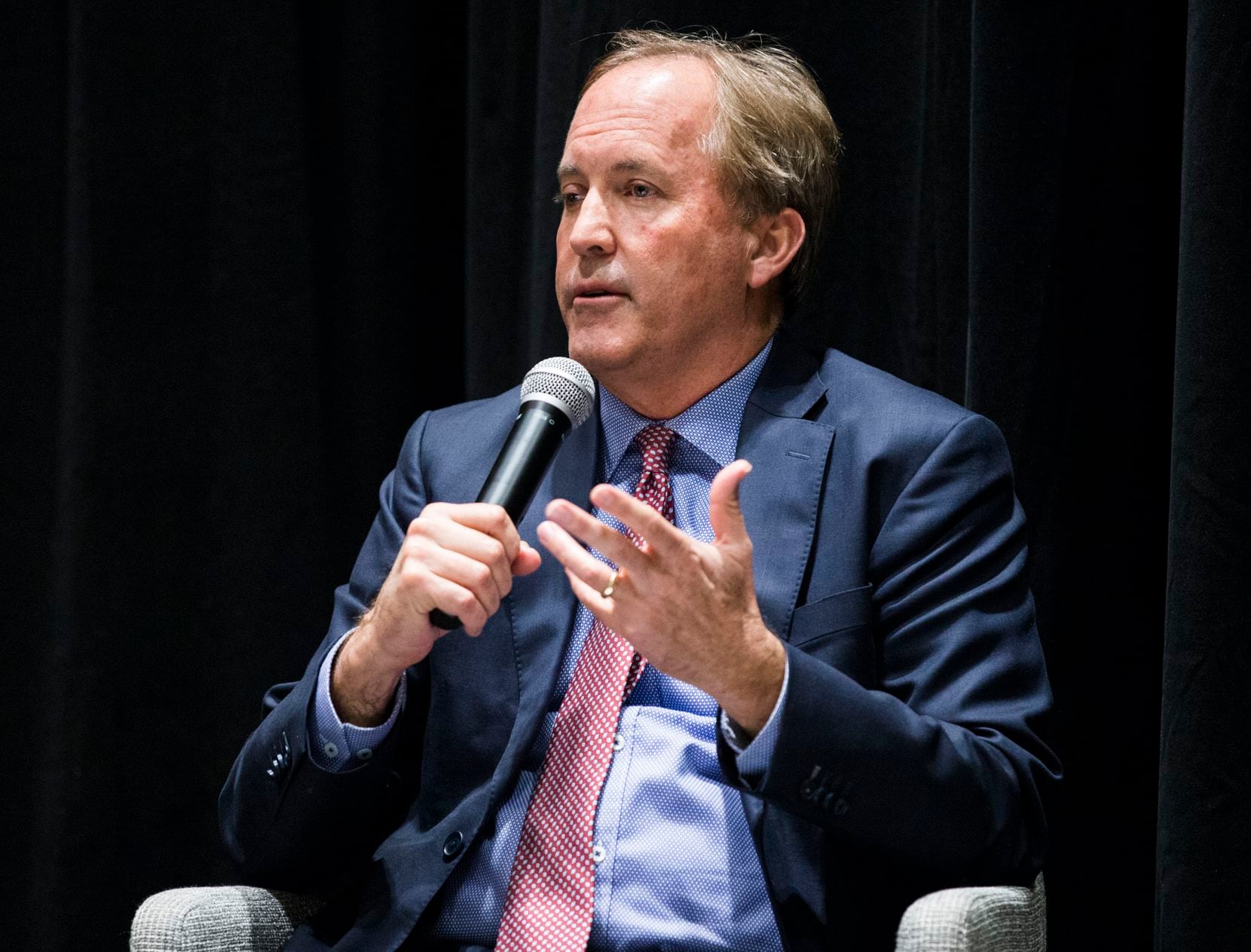 Attorney General Ken Paxton (pictured) discusses changes in the way government is addressing sex trafficking with The Dallas Morning News Vice President and Editor of Editorials Brandan Miniter, U.S. Attorney Erin Newly Cox, and Trafficking Institute CEO Victor Boutros on Wednesday, February 26, 2020 at The Dallas Morning News Auditorium in Dallas. (Ashley Landis/The Dallas Morning News)